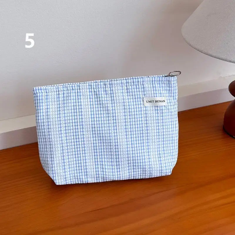 Light Blue Striped Bow Cosmetic Bag, Women Travel Makeup Organizer With Zipper, Multi-Use Toiletry Pouch
