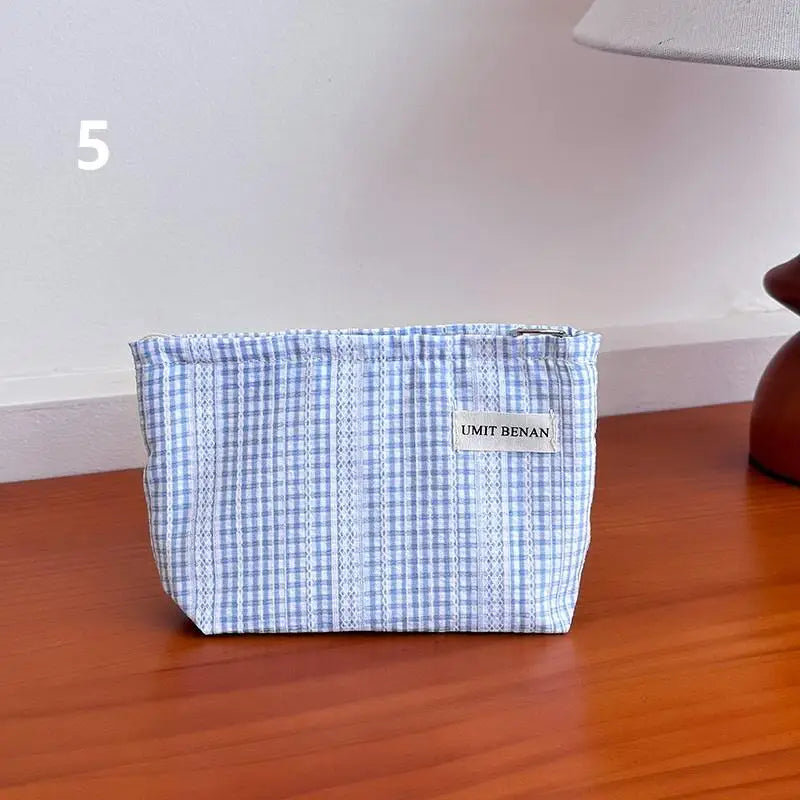 Light Blue Striped Bow Cosmetic Bag, Women Travel Makeup Organizer With Zipper, Multi-Use Toiletry Pouch