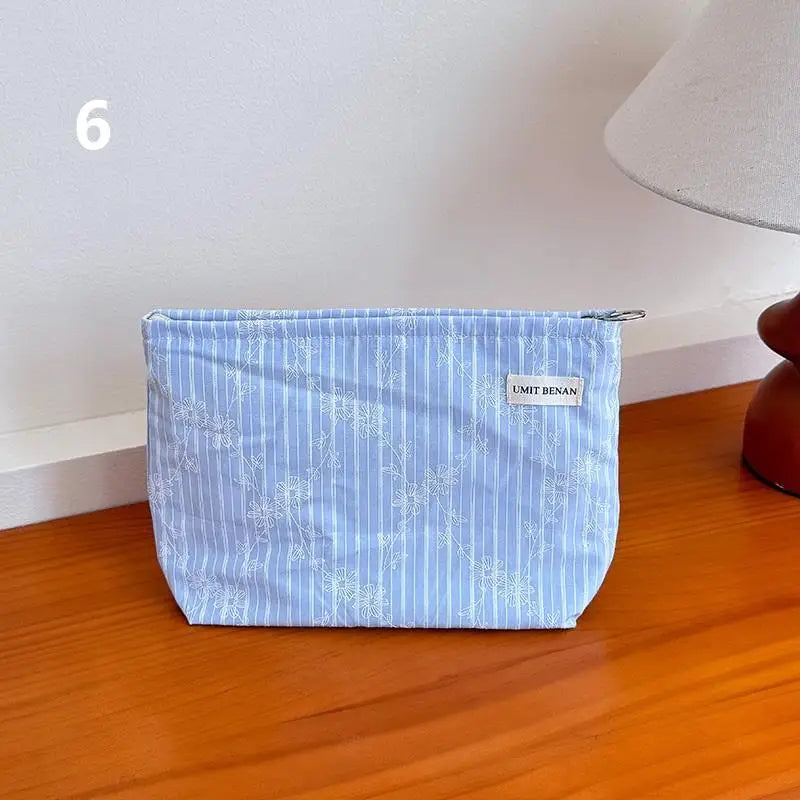 Light Blue Striped Bow Cosmetic Bag, Women Travel Makeup Organizer With Zipper, Multi-Use Toiletry Pouch