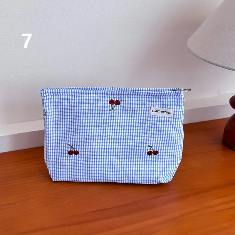 Light Blue Striped Bow Cosmetic Bag, Women Travel Makeup Organizer With Zipper, Multi-Use Toiletry Pouch