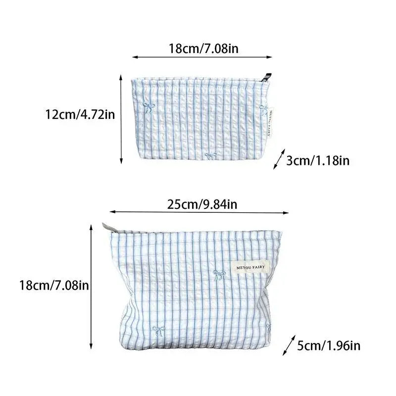Light Blue Striped Bow Cosmetic Bag, Women Travel Makeup Organizer With Zipper, Multi-Use Toiletry Pouch