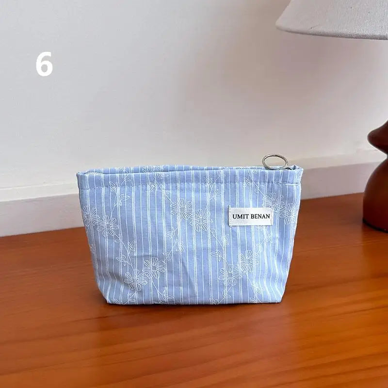 Light Blue Striped Bow Cosmetic Bag, Women Travel Makeup Organizer With Zipper, Multi-Use Toiletry Pouch