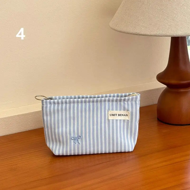 Light Blue Striped Bow Cosmetic Bag, Women Travel Makeup Organizer With Zipper, Multi-Use Toiletry Pouch