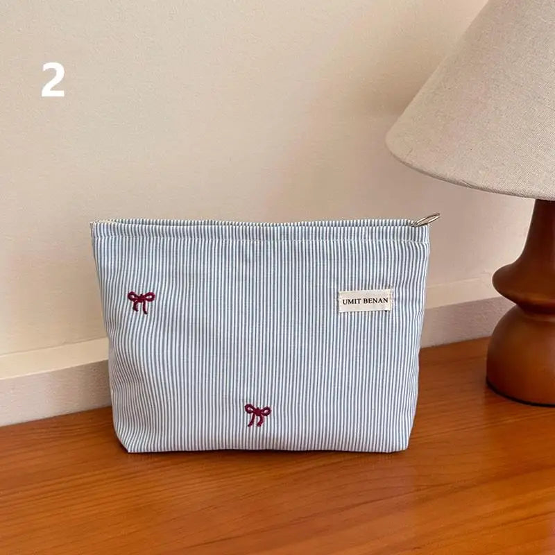 Light Blue Striped Bow Cosmetic Bag, Women Travel Makeup Organizer With Zipper, Multi-Use Toiletry Pouch