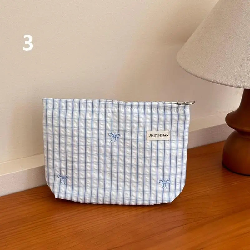 Light Blue Striped Bow Cosmetic Bag, Women Travel Makeup Organizer With Zipper, Multi-Use Toiletry Pouch