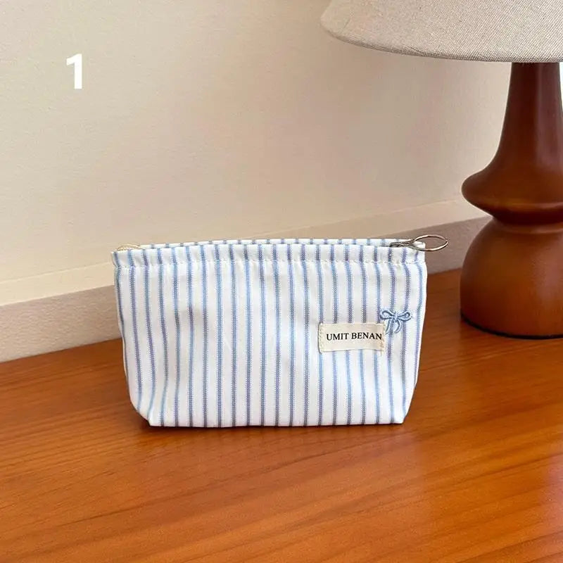 Light Blue Striped Bow Cosmetic Bag, Women Travel Makeup Organizer With Zipper, Multi-Use Toiletry Pouch