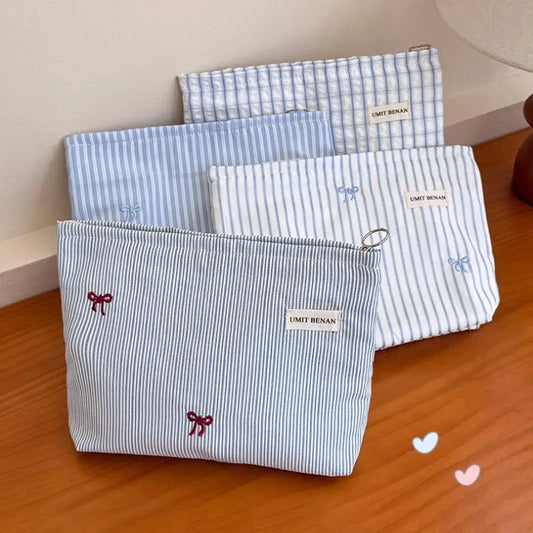 Light Blue Striped Bow Cosmetic Bag, Women Travel Makeup Organizer With Zipper, Multi-Use Toiletry Pouch
