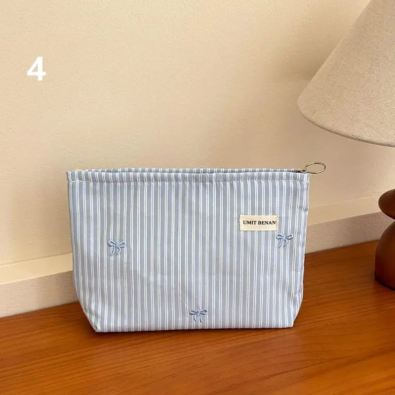 Light Blue Striped Bow Cosmetic Bag, Women Travel Makeup Organizer With Zipper, Multi-Use Toiletry Pouch