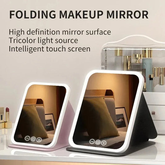 USB Rechargeable Vanity Mirror with Touch Screen, 3 Color LED Lights & Dimming, Portable Folding Makeup Mirror for Home & Travel
