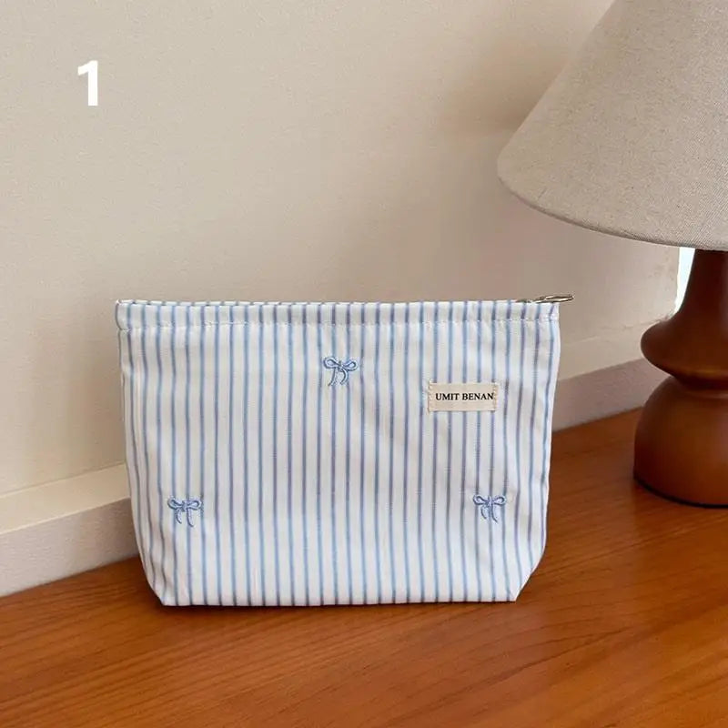 Light Blue Striped Bow Cosmetic Bag, Women Travel Makeup Organizer With Zipper, Multi-Use Toiletry Pouch