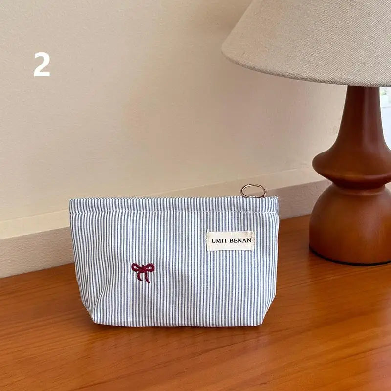 Light Blue Striped Bow Cosmetic Bag, Women Travel Makeup Organizer With Zipper, Multi-Use Toiletry Pouch