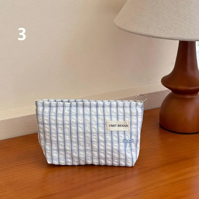 Light Blue Striped Bow Cosmetic Bag, Women Travel Makeup Organizer With Zipper, Multi-Use Toiletry Pouch