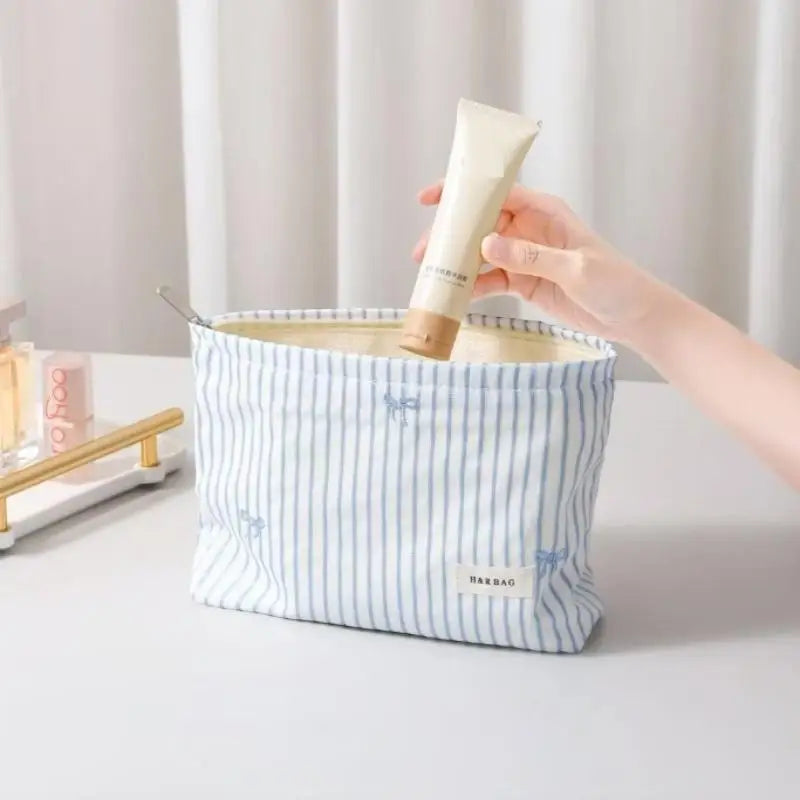 Light Blue Striped Bow Cosmetic Bag, Women Travel Makeup Organizer With Zipper, Multi-Use Toiletry Pouch